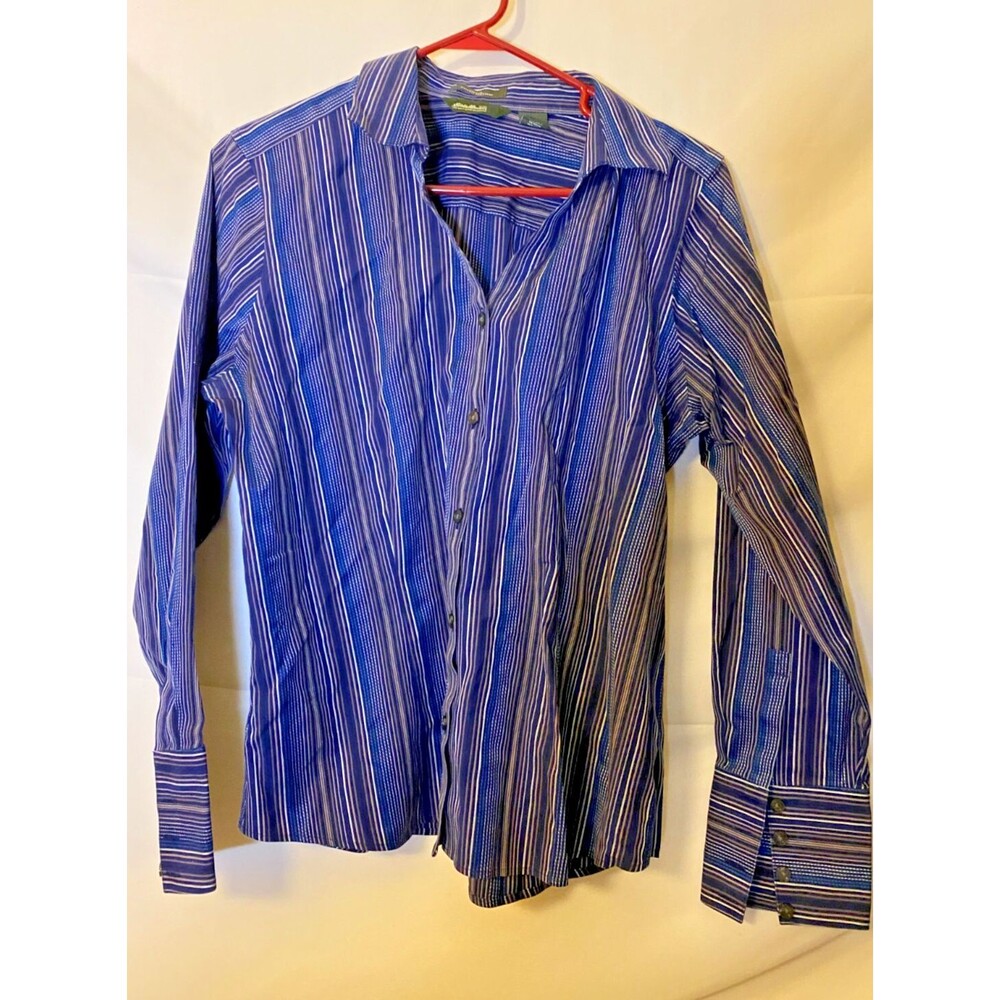 Purple Stripe Office Button Up Shirt Women's Eddie Bauer Large Stripe Normcore
